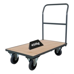 Grauer PROREGAL Plattformwagen mit Holzplatte, 102x60x98cm, Traglast 450kg.