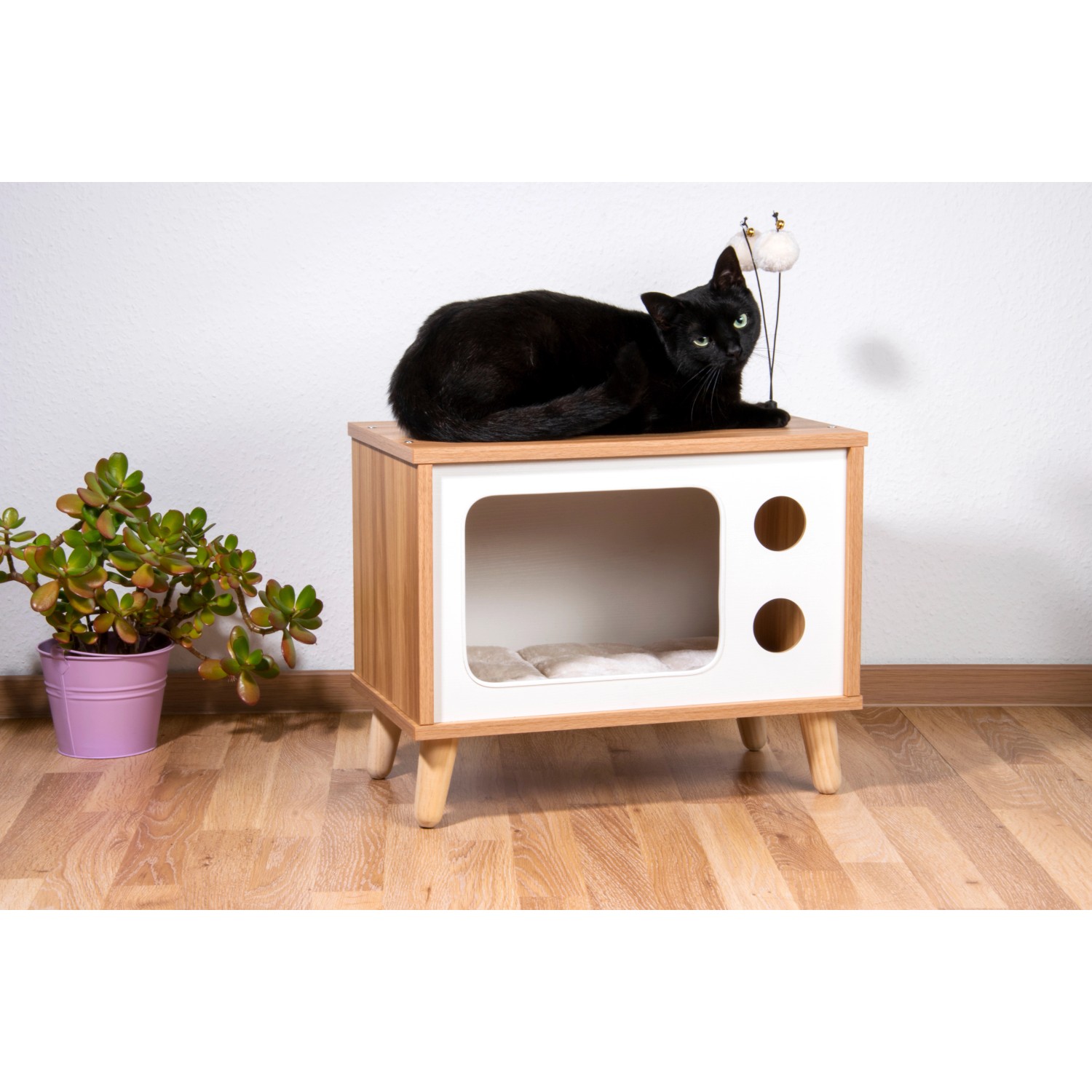 Katzenhöhle im TV-Design mit Katze, Spielbällen und Kratzfläche. Holz Braun-Weiß.