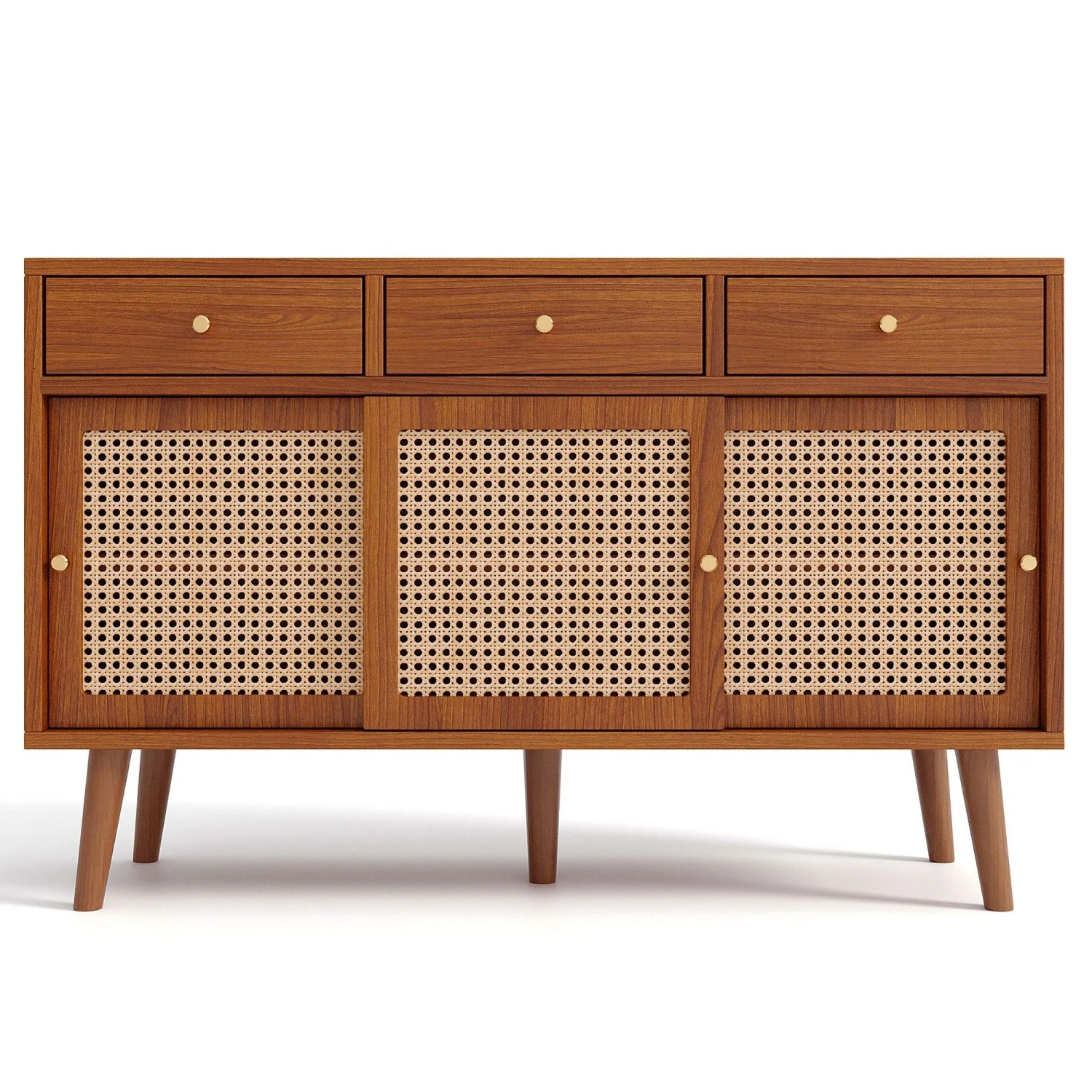 Merax Sideboard 120x40x78 cm Nussbaum Rattan 3 Schubladen 3 Schiebetüren