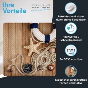 SANILO Badematte Maritime mit Seestern, Rettungsring, Kompass und Muscheln auf Holzoptik für Badewannen-Zubehör.