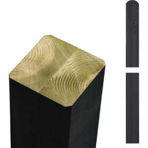 Schwarzer Leimholz Zaunpfosten aus Kiefernholz, 9x9x148 cm, mit abgerundetem Kopf.