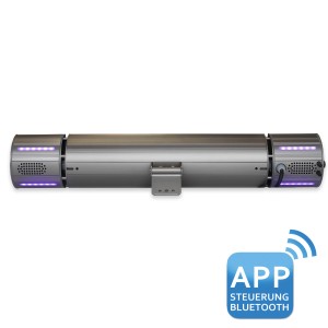 VASNER Appino BEATZZ Bluetooth Infrarot-Heizstrahler 2000 W Grau mit LED-Lichtern und App-Steuerung.