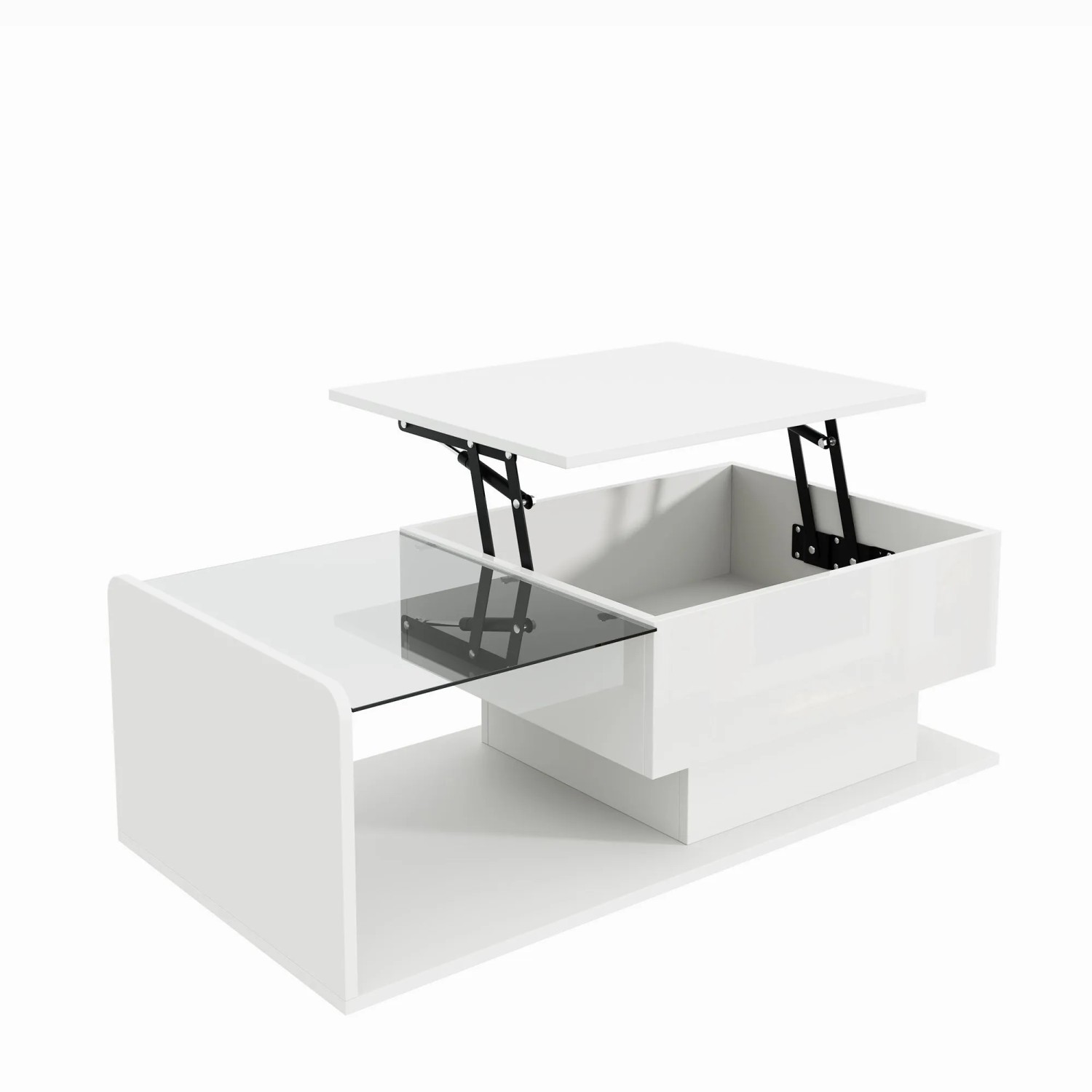 ModernLuxe Couchtisch Höhenverstellbar mit Glasplatte,ed Stauraum Spanplatte Weiß
