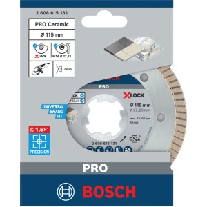 Bosch X-Lock Diamanttrennscheibe für Keramik, Ø 115 mm, mit segmentiertem Rand, in Verpackung. Winkelschleifer-Zubehör.