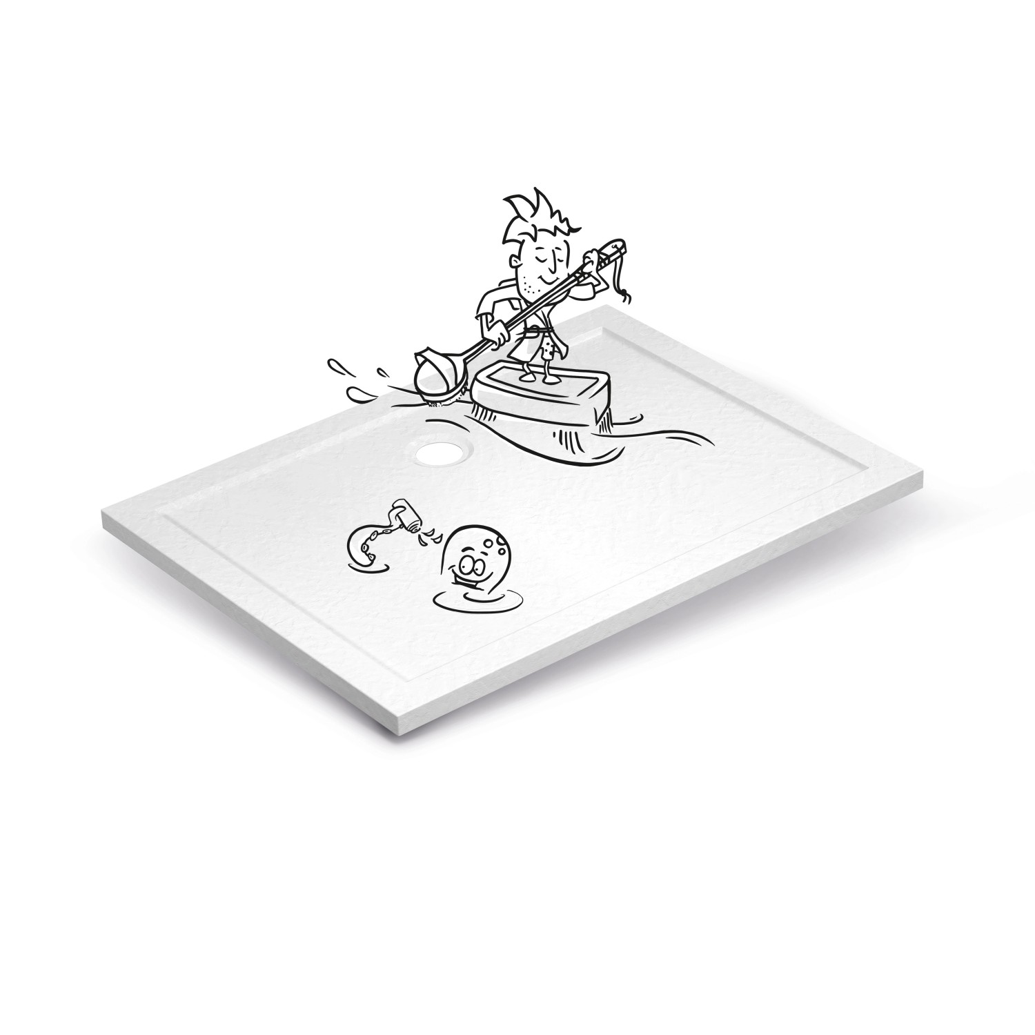 baliv Duschwanne DW-120.80E in Steinoptik, 120x90 cm, Weiß. Illustration mit Comicfiguren.