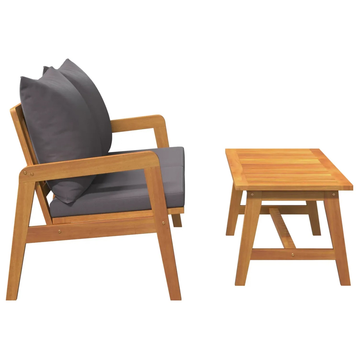 2-teiliges Bistro-Set aus Akazienholz mit anthrazitfarbenen Kissen für Garten oder Balkon.