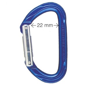 Blauer Seilflechter Karabinerhaken Nordwand aus Leichtmetall, ohne Schraubverschluss.