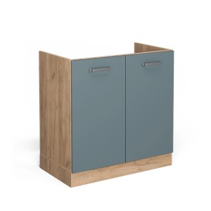 Vicco Spülenunterschrank R-Line, blau-graue Front, Goldkraft Eiche Dekor, 80 cm breit.