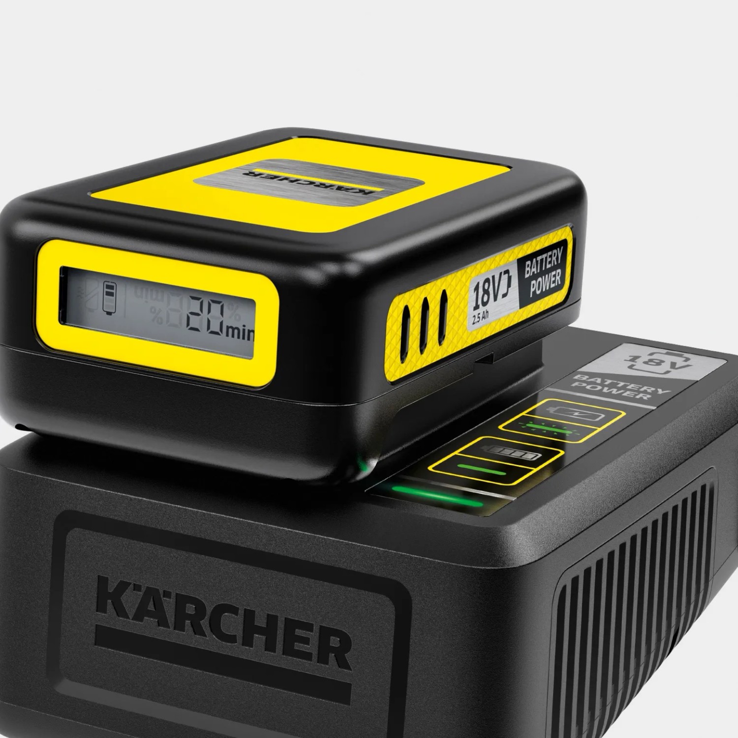 Kärcher Schnellladegerät Battery Power 18 V mit Akku auf Ladestation.