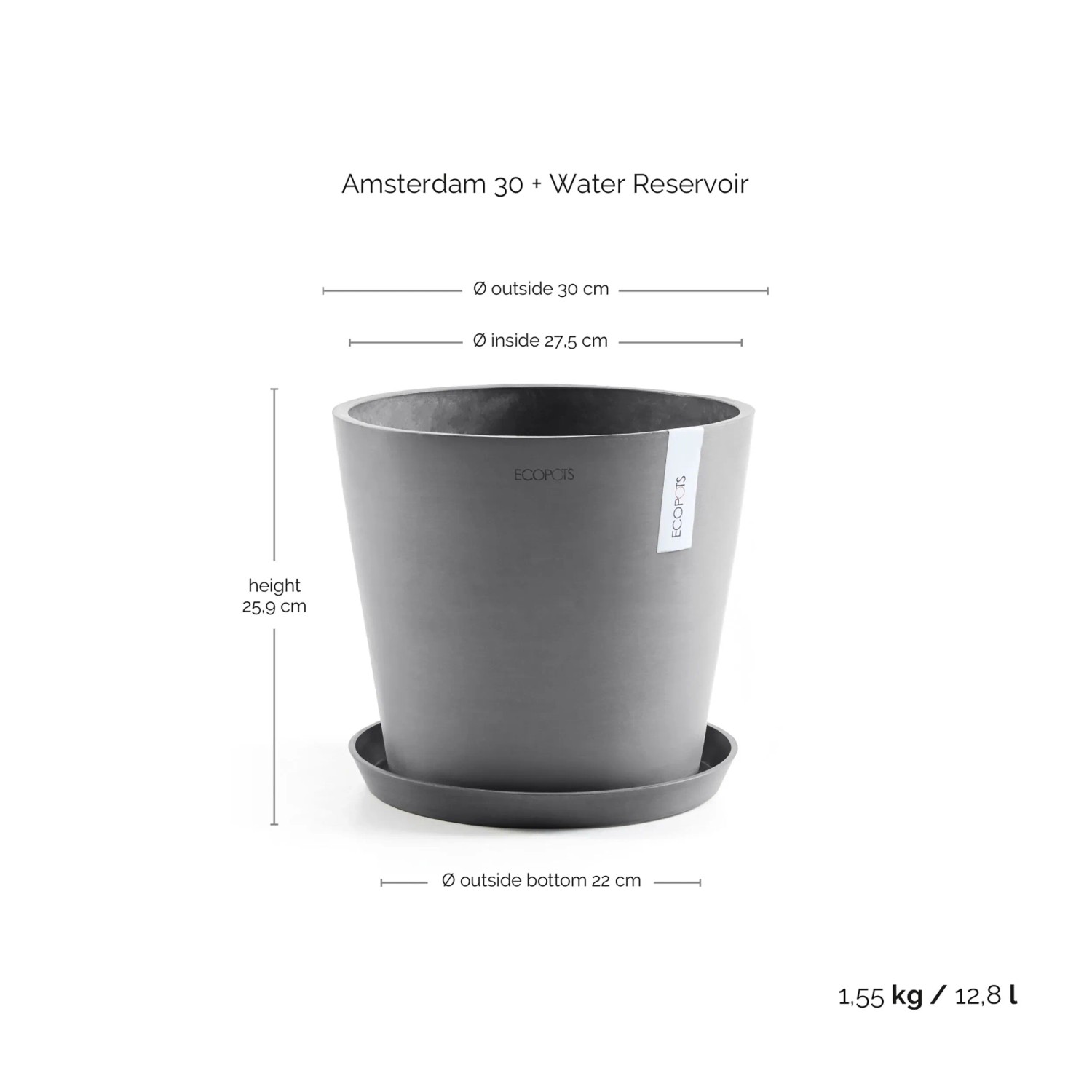 Ecopots Amsterdam Pflanztopf, grau, 30x26 cm, mit Untersetzer. Ideal für Innen- & Außenbereich.