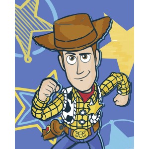 Komar Wandbild: Disney Toy Story Woody, 40x50 cm. Blaues Kinderzimmer-Bild mit Cowboy Woody.