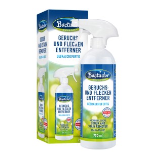 Bactador Geruchs- und Fleckenentferner Spray, 750ml Flasche und Verpackung.