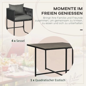 Furnicato Outdoor Essgruppe, 5-teilig, Polyrattan schwarz/grau mit 4 Sesseln und Esstisch.