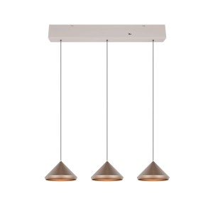 Moderne LED-Pendelleuchte Laguna in Coffee. Drei konische Metallschirme hängen linear von einer Deckenleiste.