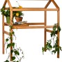 Dobar Pflanzturm-Aufsatz Kubus 2.0 mit Ablage aus Holz, mit Pflanzen und Gartenzubehör dekoriert.