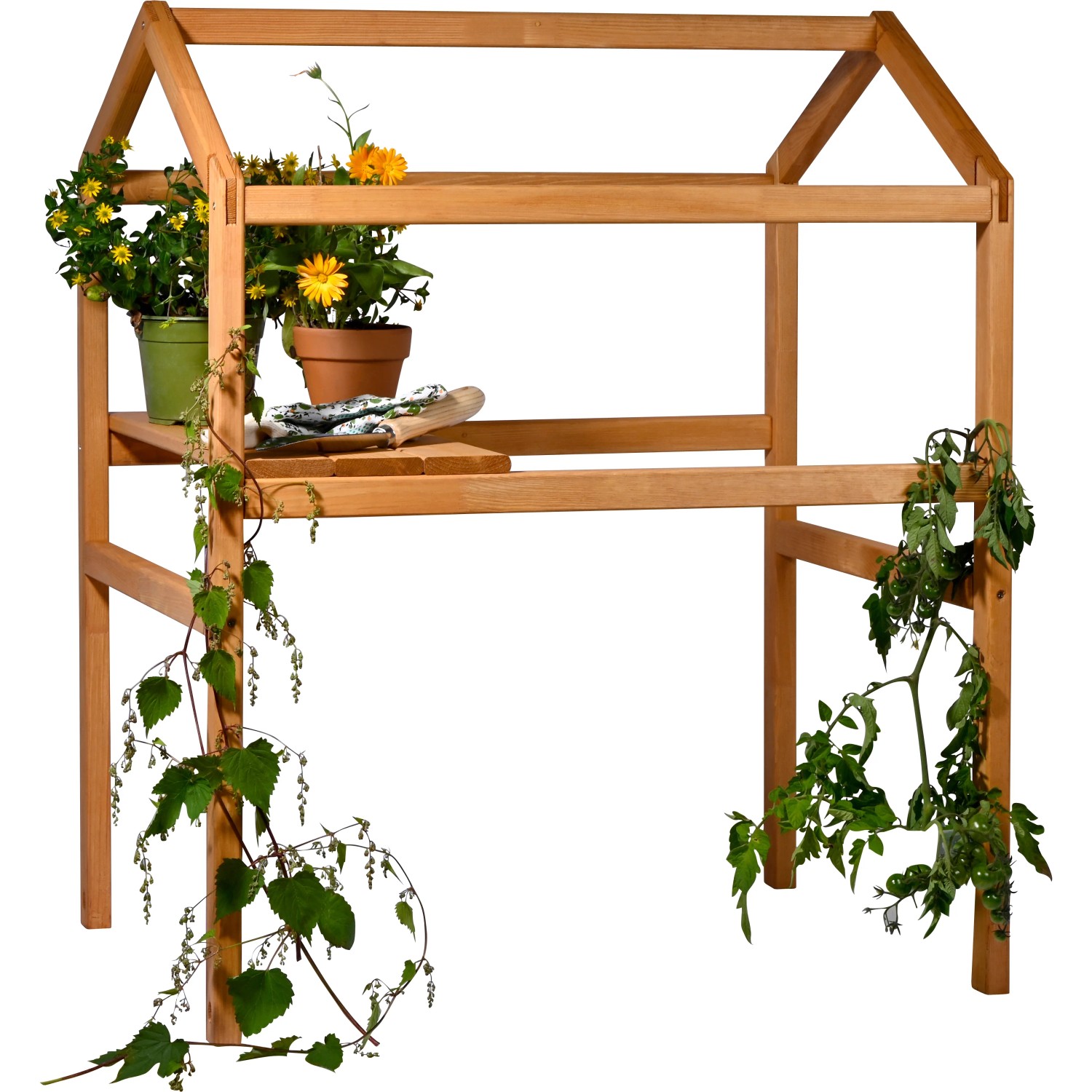 Dobar Pflanzturm-Aufsatz Kubus 2.0 mit Ablage aus Holz, mit Pflanzen und Gartenzubehör dekoriert.