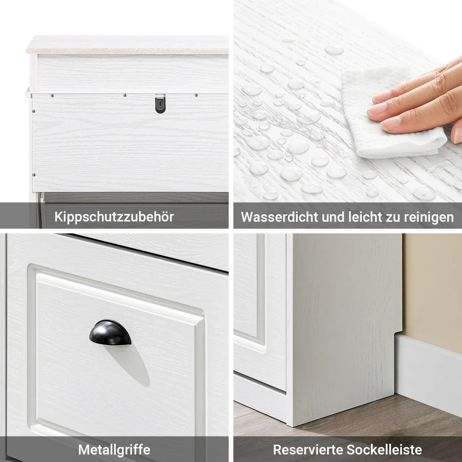 SoBuy Schuhschrank Details: Kippschutz, wasserdichte Oberfläche, schwarzer Metallgriff, Sockelleisten-Ausschnitt. Weiß, Holzoptik.