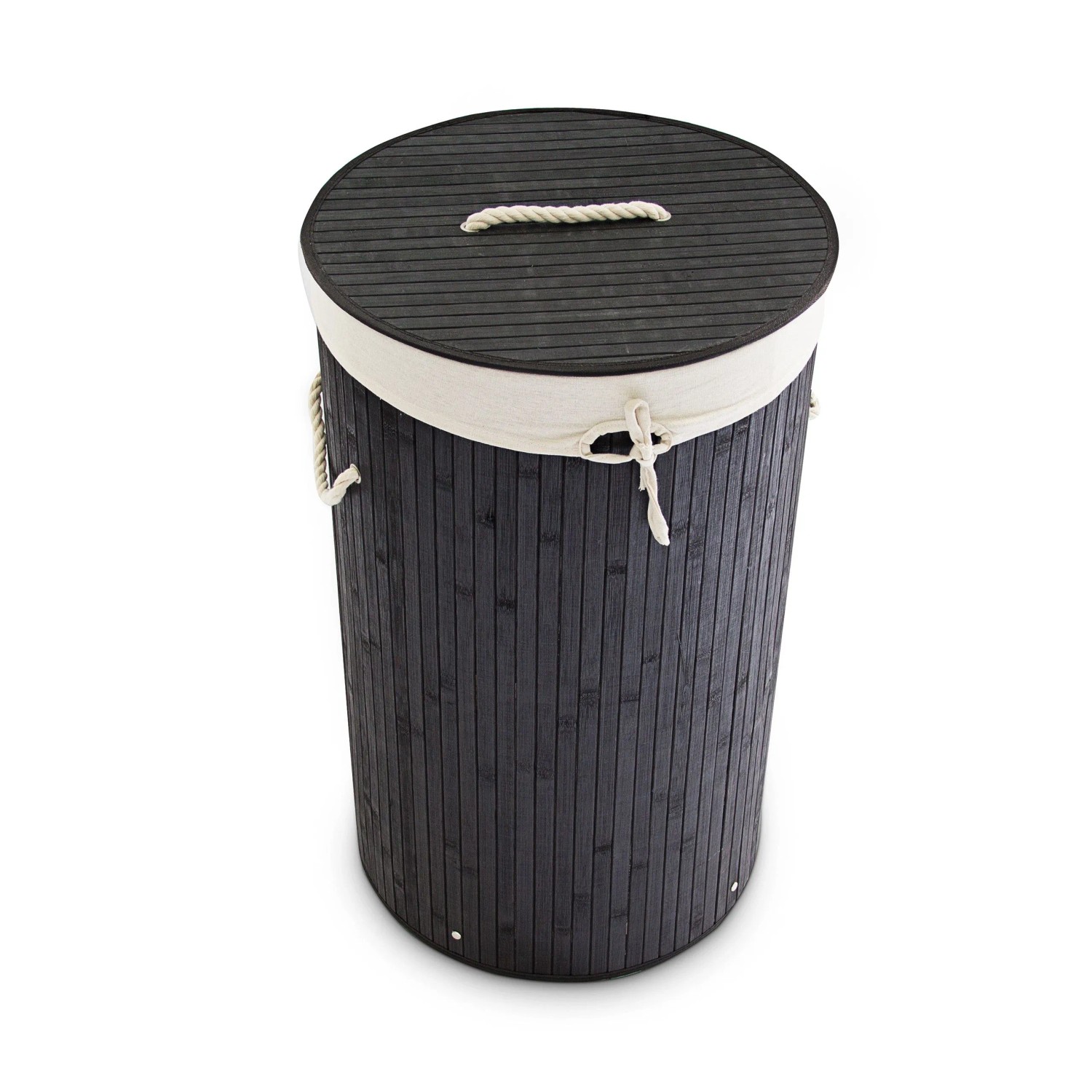 Relaxdays Wäschekorb Bambus Schwarz Rund Faltbar mit Deckel 65 cm x 41 cm 1,9 kg