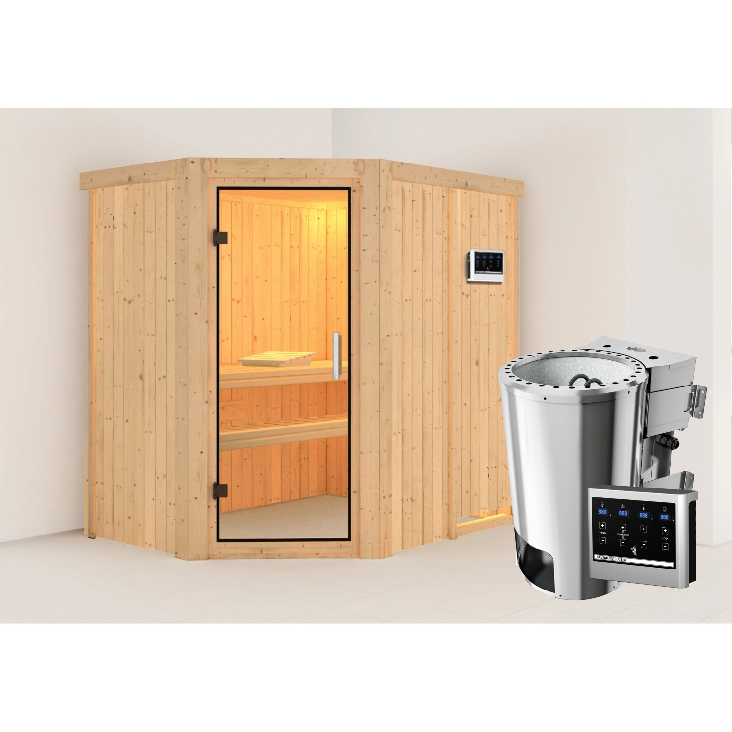 Karibu Sauna Silva mit Bio-Ofen externe Stg.Easy Natur