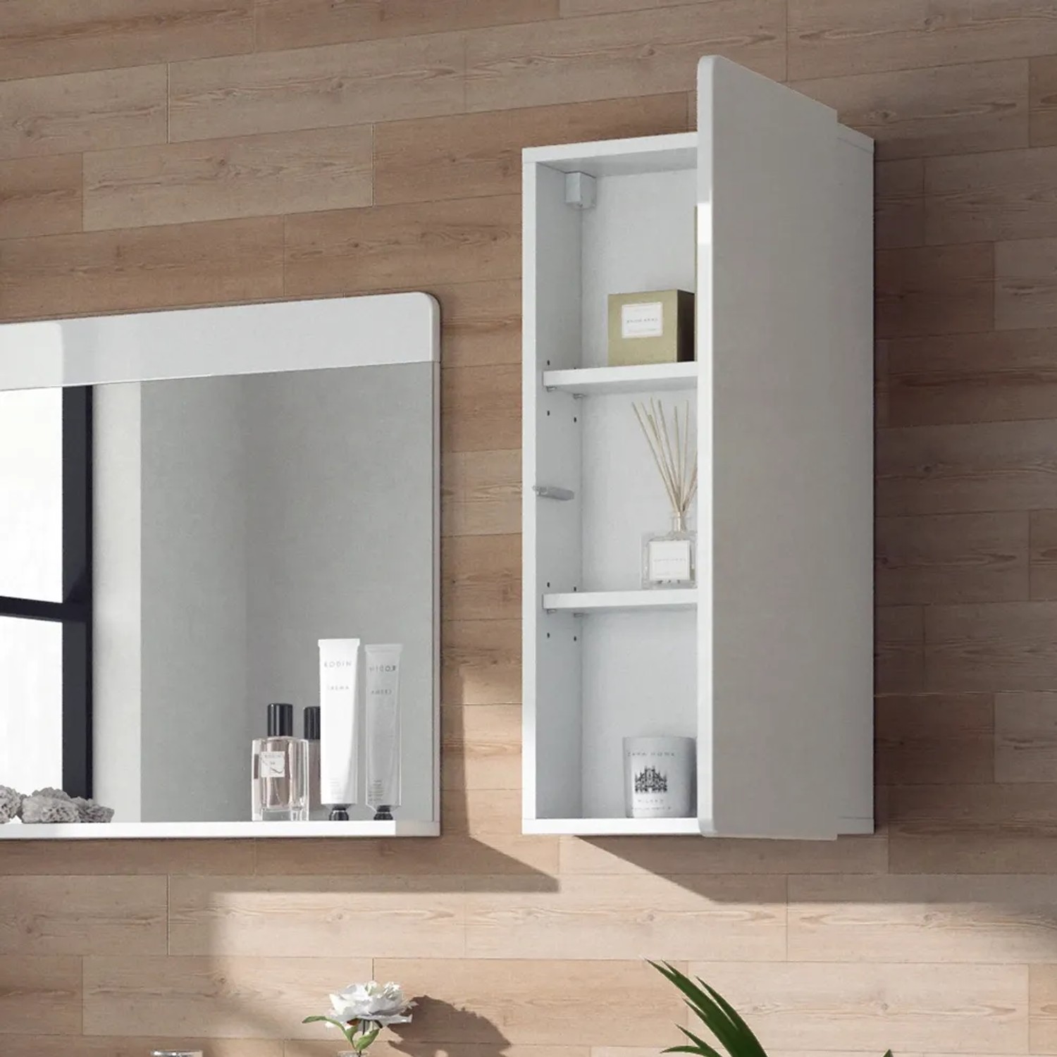 Vicco Badschrank Izan, weiß hochglänzend, 37x77 cm, hängend, mit Regalböden für Badartikel.