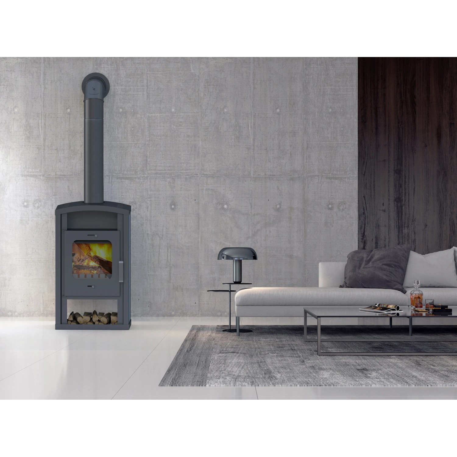 Accente Umea Kaminofen Naturstein Grau 6 kW im Wohnraum.