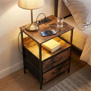 Relaxdays Beistelltisch MDF Eisen Vlies Vintagebraun LED USB-Anschluss Dimmbar 60 cm x 40 cm x 30 cm