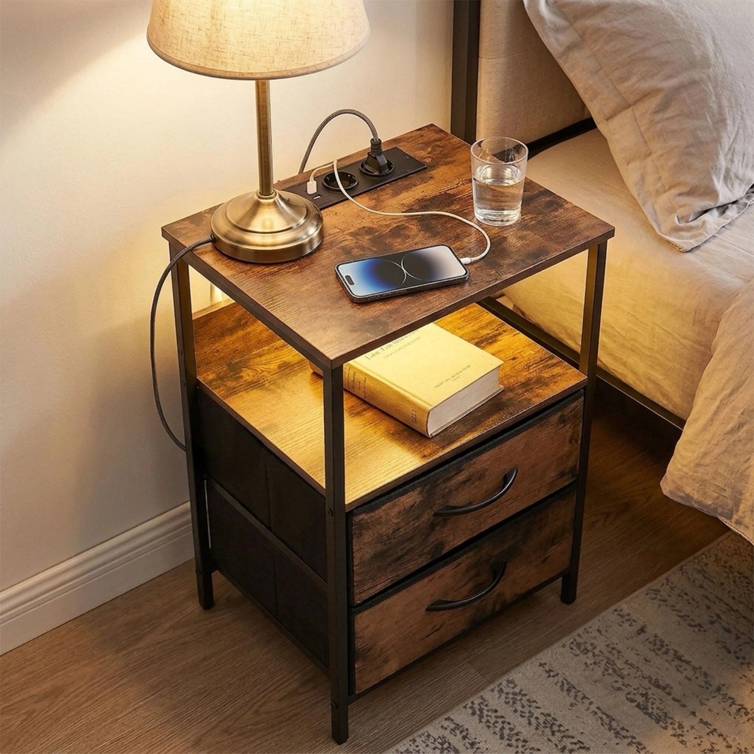 Relaxdays Beistelltisch MDF Eisen Vlies Vintagebraun LED USB-Anschluss Dimmbar 60 cm x 40 cm x 30 cm_2