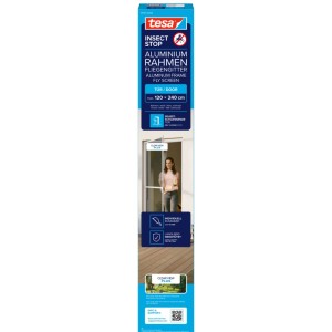 Verpackung des tesa Insect Stop Fliegengitter Tür mit Aluminiumrahmen, Farbe Weiß.