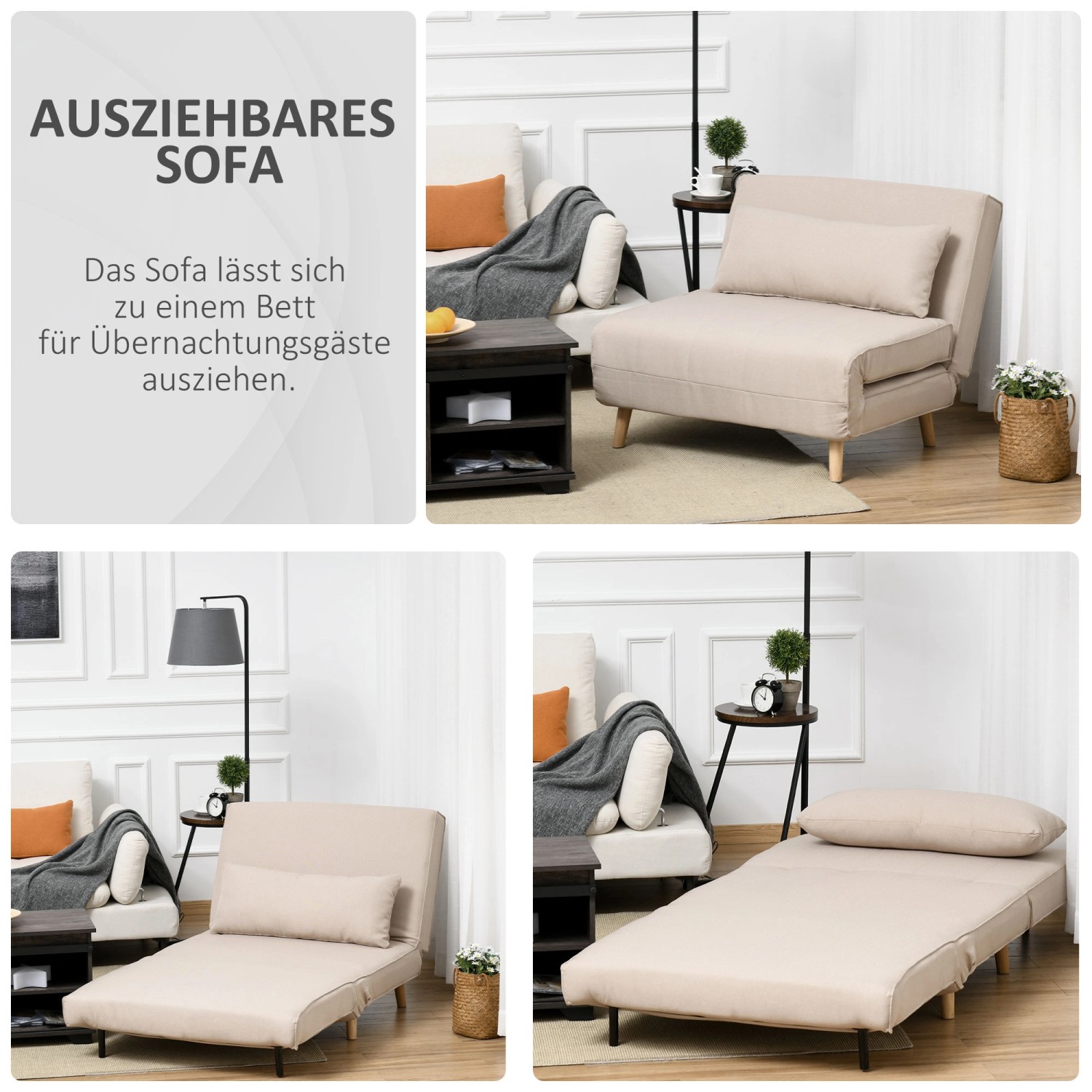 Beiges HOMCOM Einzelsofa, verstellbare Rückenlehne, als Liege oder Bett nutzbar.