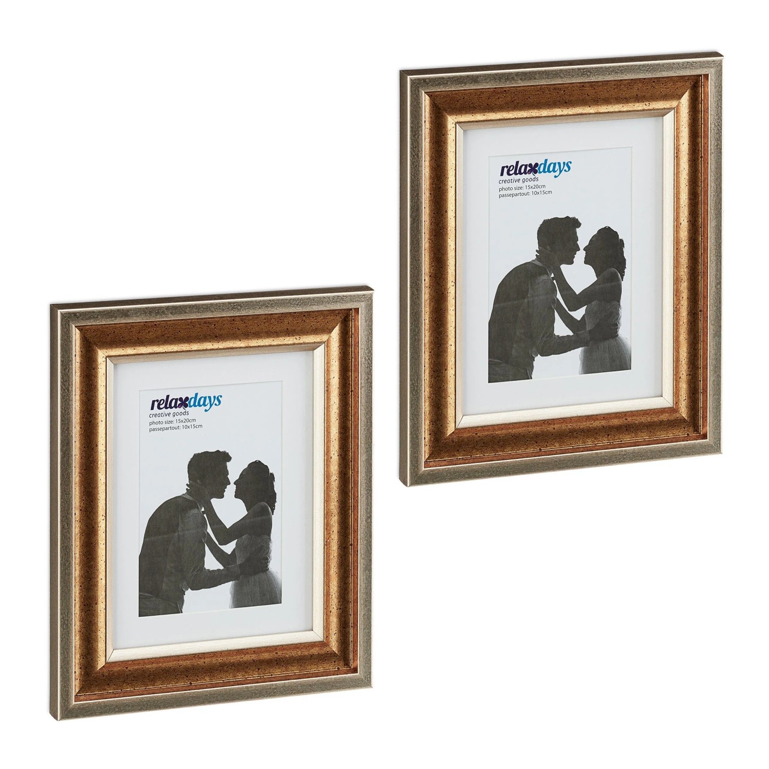 Relaxdays Bilderrahmen Kunststoff Glas Gold 2er Set mit Passepartout 15 cm x 20 cm