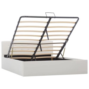 Weißes vidaXL Stauraumbett (140x200 cm) mit hochgeklapptem Lattenrost und Stauraum.