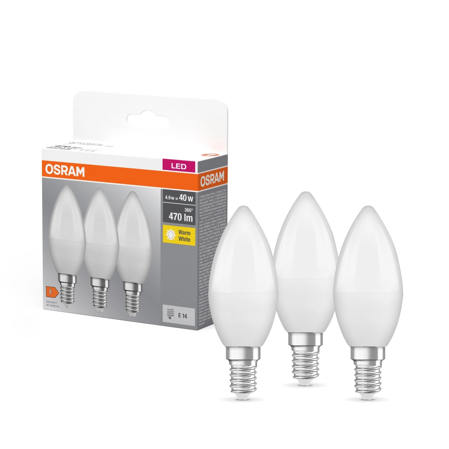 Osram LED-Leuchtmittel E14 Kerzenform 4,9 W 470 lm 3er Set 10 x 3,7 cm (H x Ø)