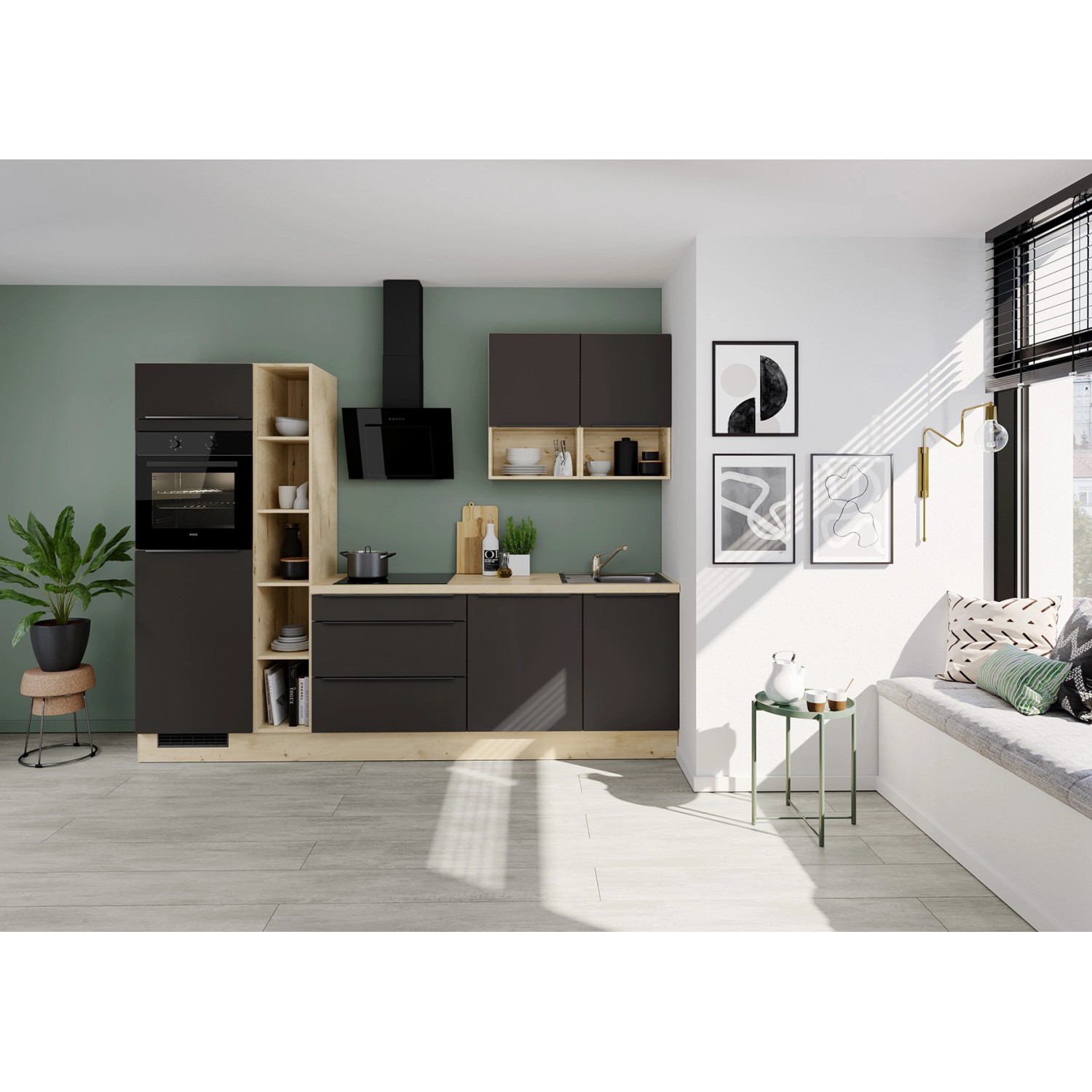 Moderne Küchenzeile in Vulkanbraun mit E-Geräten und heller Eiche-Nachbildung. Komplett vormontiert.