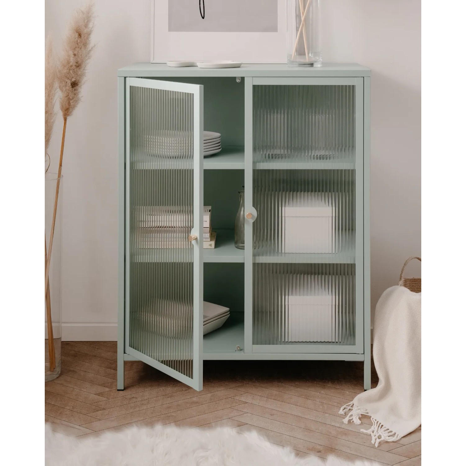 Furn.Design Vitrine Metall Mintgrün 80 x 102 cm 2-türig 3 Fächer Maram_3