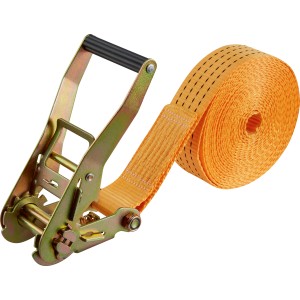 Einteiliger Zurrgurt AH-029 mit Ratsche, 5 cm x 800 cm, orangefarbenes Polyesterband und verzinkte Ratsche.