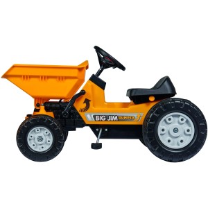 BIG Kinderkipper Jim Dumper: gelbes Spielfahrzeug mit Kippmulde und verstellbarem Sitz.