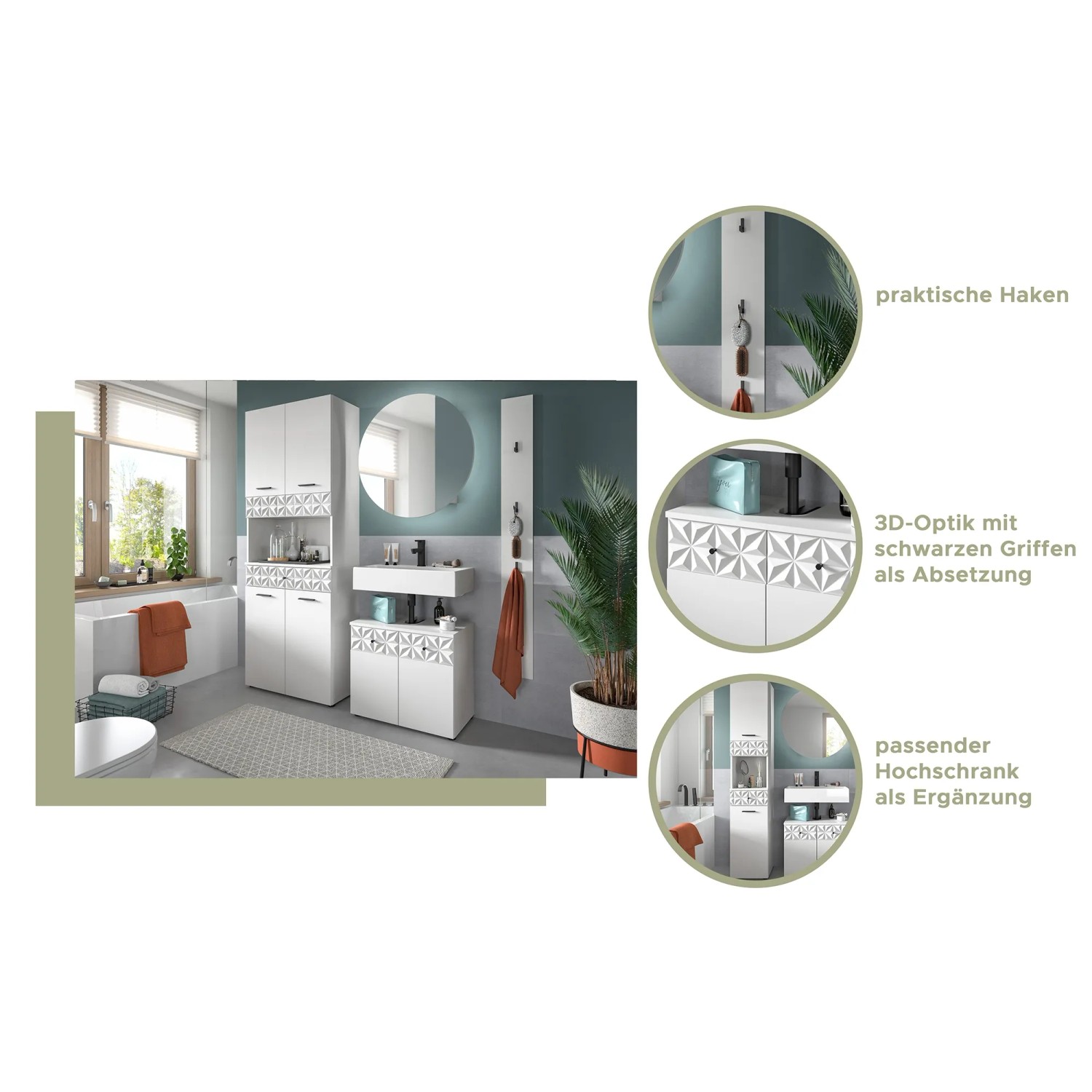 Modernes Badezimmer-Set mit weißem Paneel Prisma (150 cm) und passenden Möbeln.