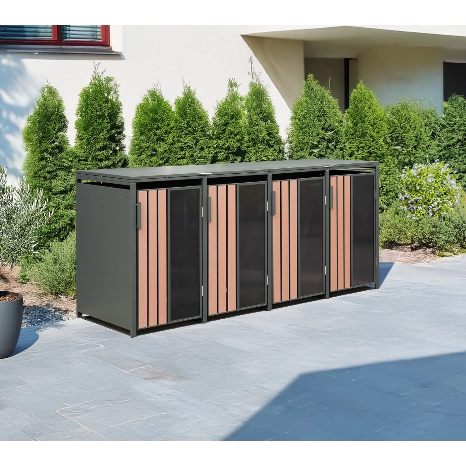 Westmann Mülltonnenbox Status 4 in Anthrazit-Holzoptik für vier 240-Liter-Tonnen.