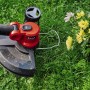 Einhell Akku-Rasentrimmer GE-CT 18/30 Li-Solo im Einsatz auf Rasen mit Blumen.