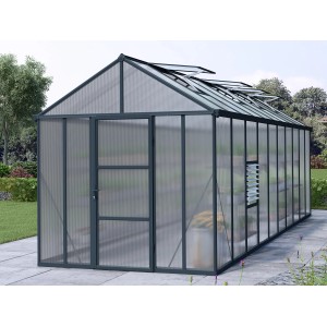 Palram Canopia Glory 6x2.5 Gewächshaus, anthrazitfarben mit Stegplatten, Dachfenstern und Seitenfenster.