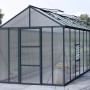Palram Canopia Glory 6x2.5 Gewächshaus, anthrazitfarben mit Stegplatten, Dachfenstern und Seitenfenster.