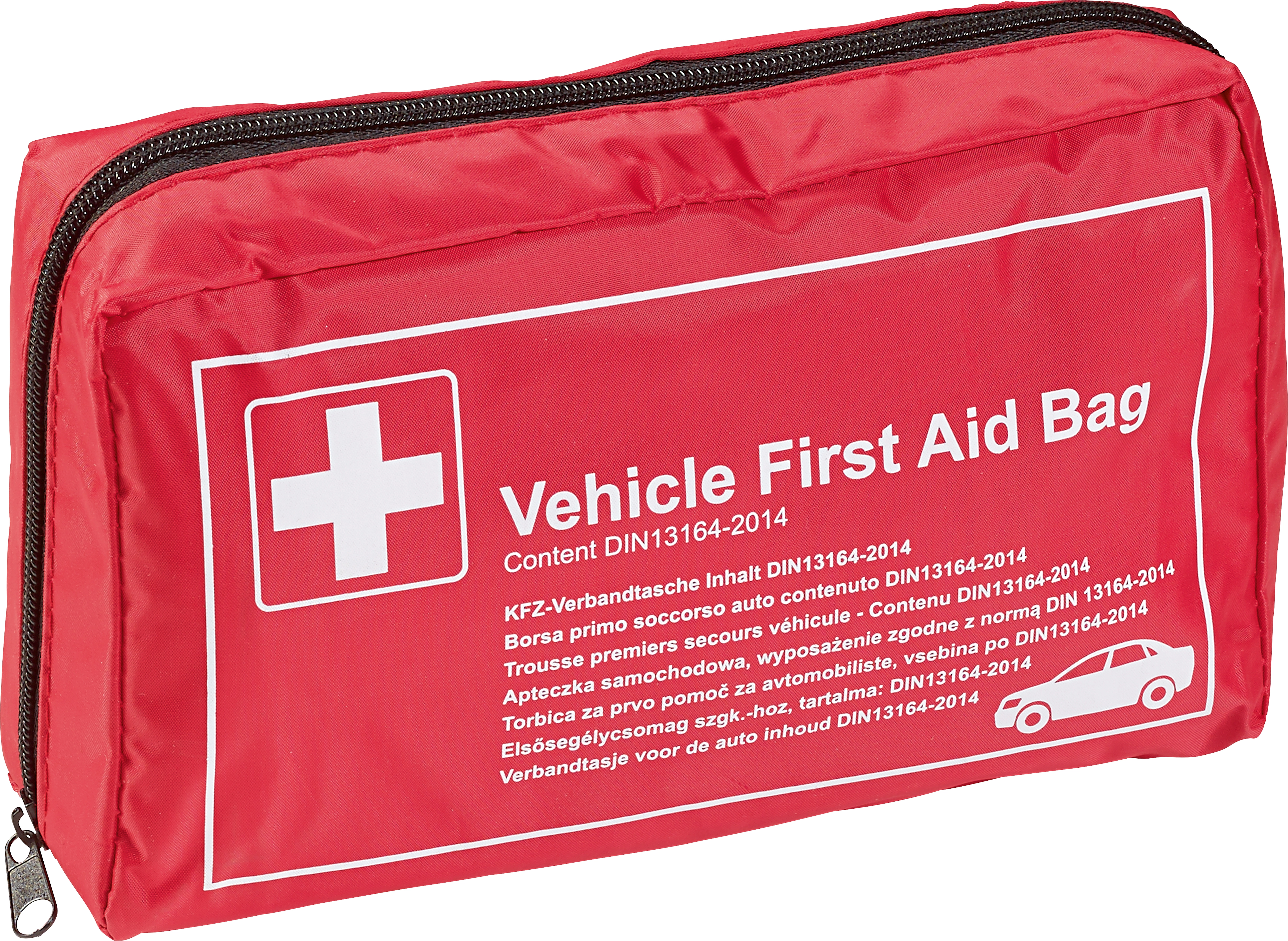 Red first aid kit for the car, compliant with DIN 13164:2022, car
