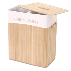 Naturfarbener MCW Wäschekorb aus Bambus mit zwei Fächern und Deckel.