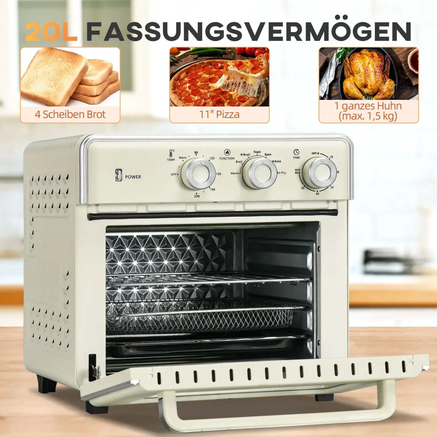 HOMCOM Minibackofen mit 20L Volumen, inklusive Backblech, Grillrost und Krümelblech.