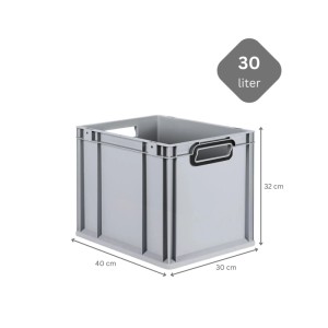 Graue PROREGAL Eurobox Nextgen Color, 30 Liter, mit schwarzen Griffen und Maßangaben.