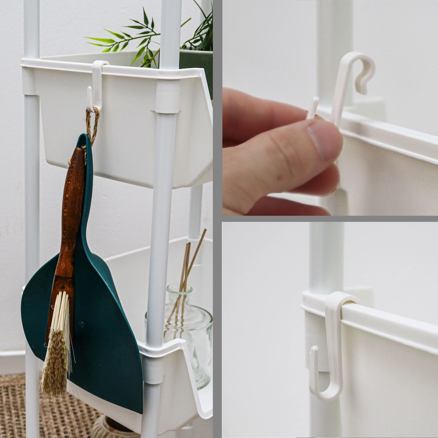 Detailaufnahme: Weißer MAKLIK Küchenrollwagen mit Hängevorrichtung für Küchenutensilien.