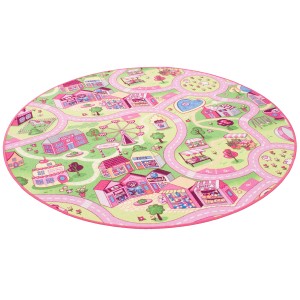Runder, rosa Kinder Spielteppich mit Dorf-Motiv und Straßen, 100cm Durchmesser.