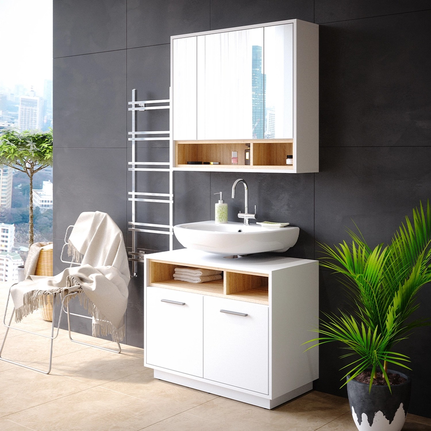 Vicco Badmöbel-Set Beatrice, weiß/Sonoma: Waschbeckenunterschrank und Spiegelschrank im modernen Bad.