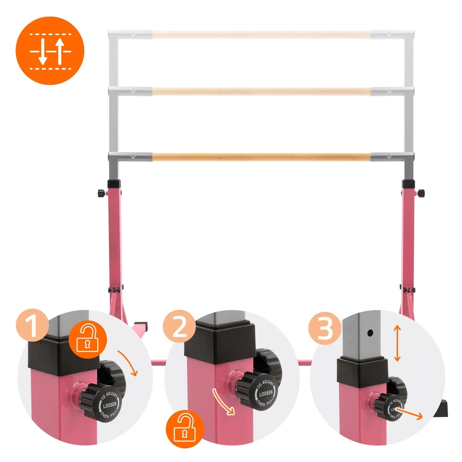 Pinkes, höhenverstellbares Gymnastik Turnreck. Detail der Holzstange und des 3-Schritte-Verstellmechanismus.