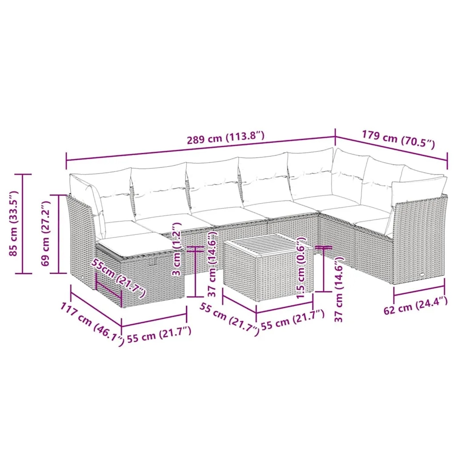 vidaXL 9-tlg. Garten-Sofagarnitur Beige Poly Rattan mit Maßen und Details.